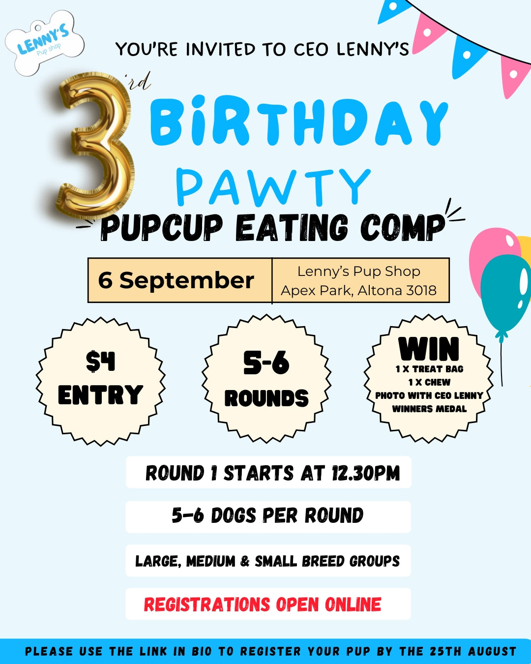 Invitation to CEO Lenny's 3rd Birthday Pawty with details about the event.