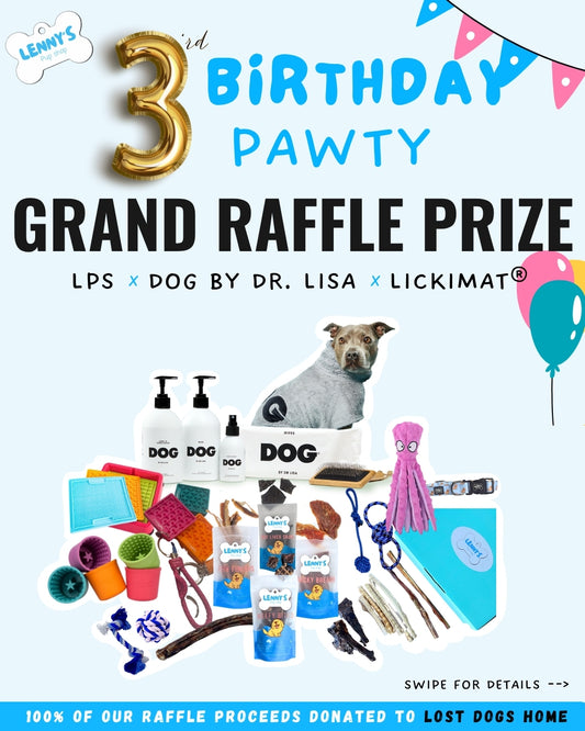 Promotional image for a dog-themed raffle prize with various dog products and a dog illustration on a blue background.