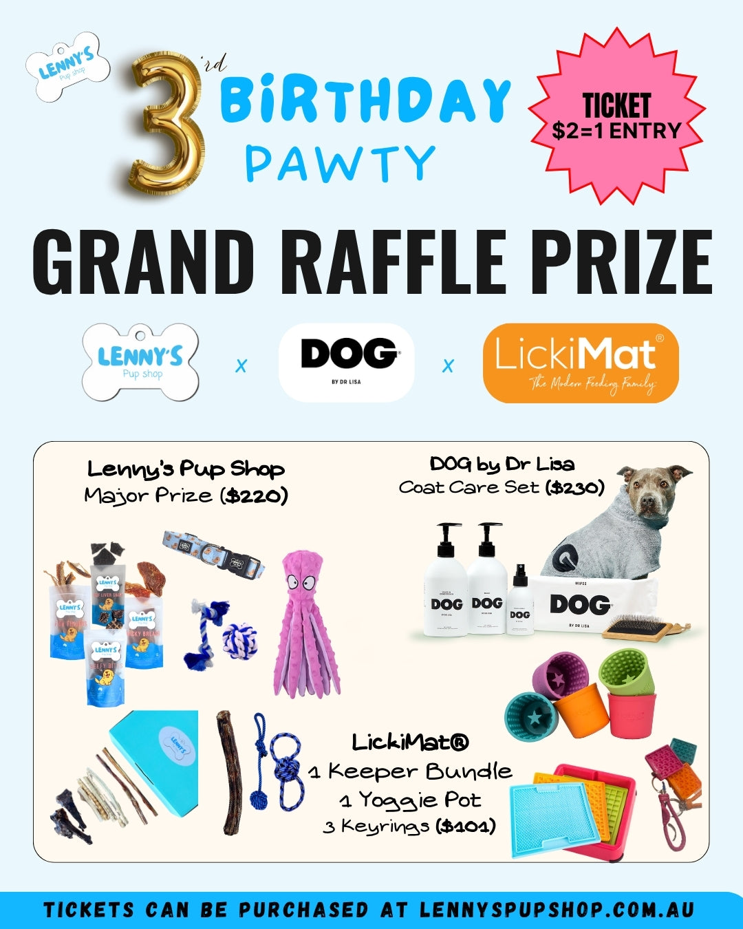 Advertisement for Lenny's 3rd Birthday Pawty with raffle prize details and product images.