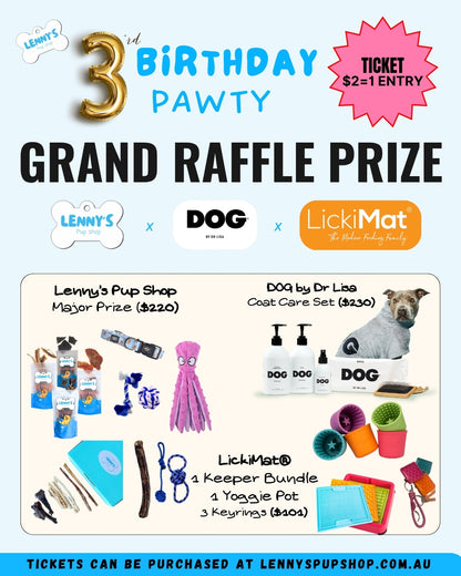 Advertisement for Lenny's 3rd Birthday Pawty with raffle prize details and product images.