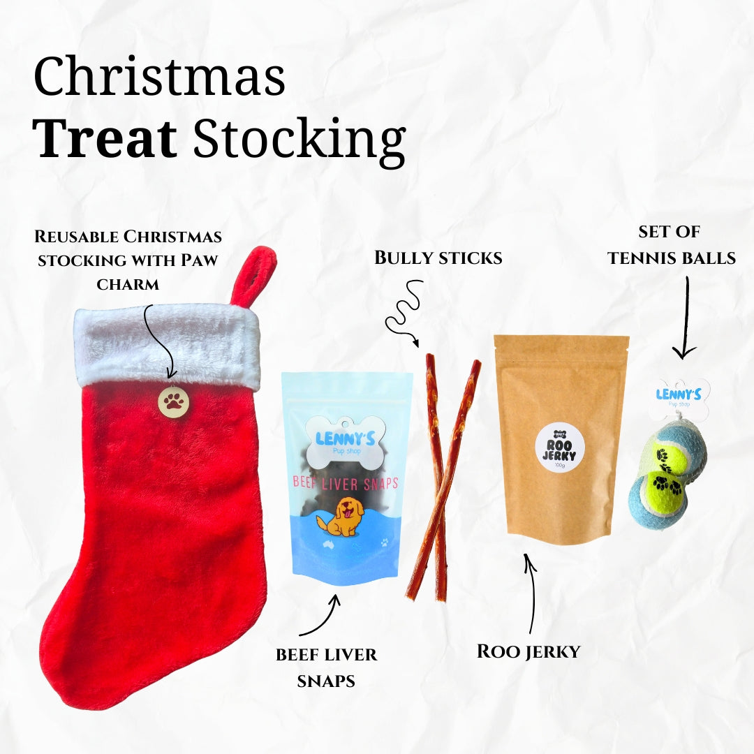 Dog treat stocking with various treats labeled on a white background