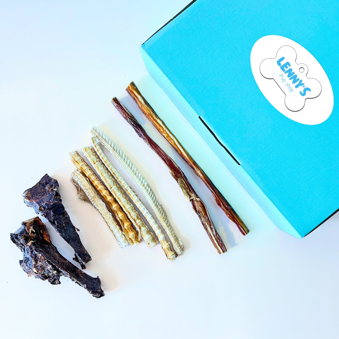 Dog chew treats in front of a blue box with 'LENNY'S' branding on a light blue background