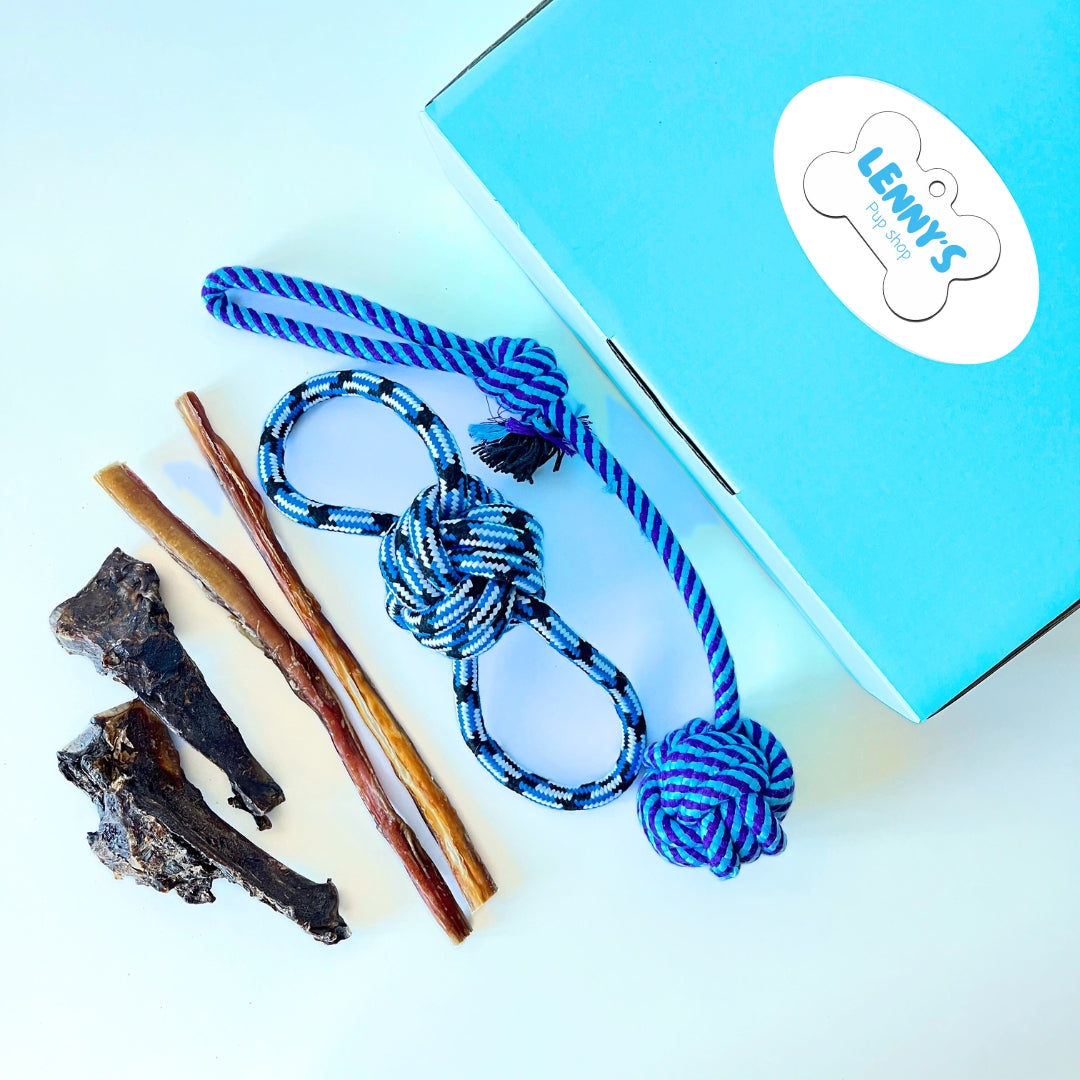 Dog chew toys and a rope toy with a blue box labeled 'LENNY'S' on a light background.