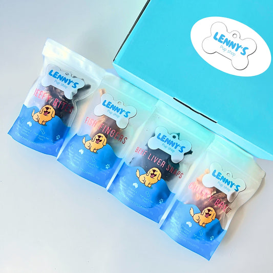 Packaging of Lenny's pet treats with a blue box in the background