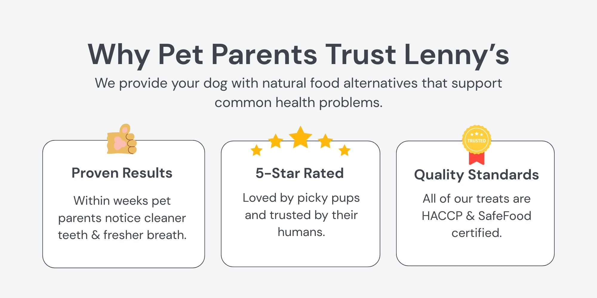 Promotional text highlighting why pet parents trust Lenny's Pup shop dog treats 