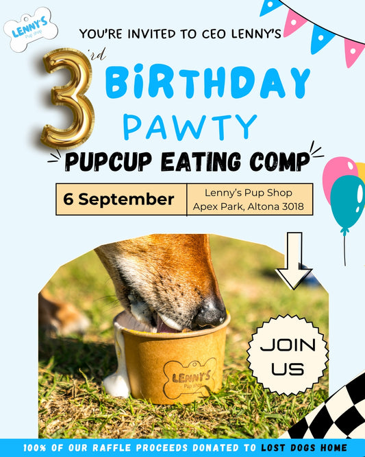 Invitation card for Lenny's 3rd Birthday Pawty Pupcup Eating Comp with a dog paw in a cup.