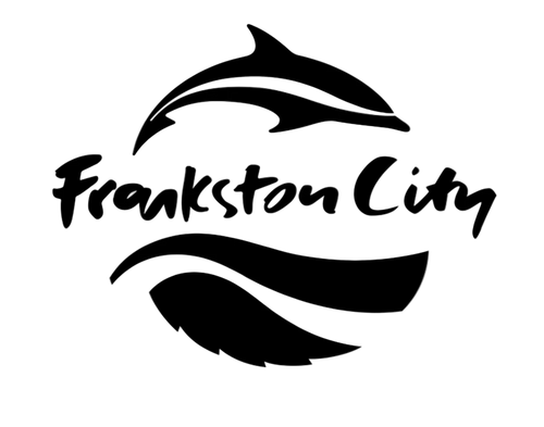 Black Frankston City logo featuring a dolphin and wave design on a white background.
